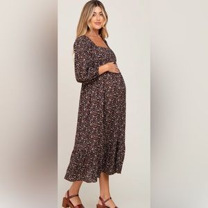 Pinkblush Black Floral 3/4 Sleeve Maternity Midi Dress